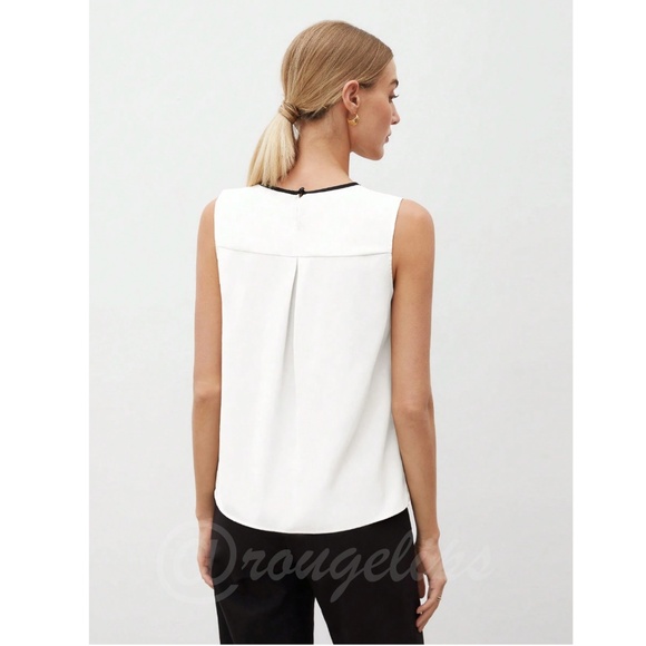 White Sleeveless Blouse Top Black V-Neck Trim Gold Embellishment Detail - Picture 6 of 11